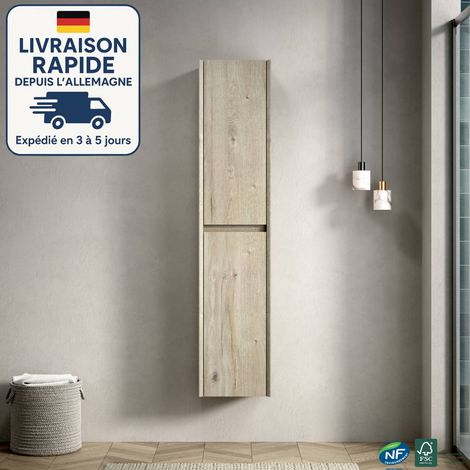 Mueble de baño estrecho de 140 cm con puertas dobles y compartimentos interiores para espacios reducidos. Acabado en roble crema. (1/5)