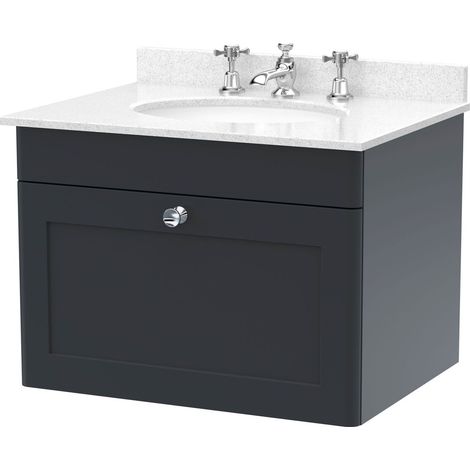Swynnerton Traditional 1 Drawer Wall Hung Vanity Unit with Marble Basin, Dark Grey, 600mm