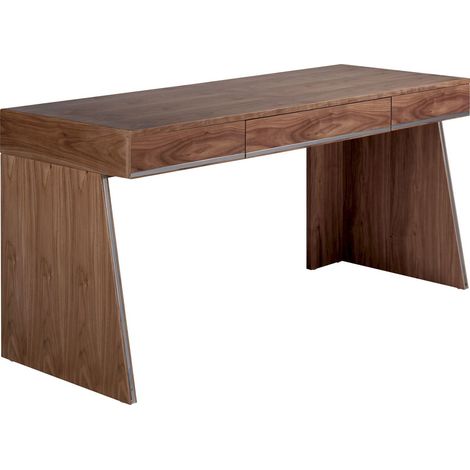 Bureau bois 2 tiroirs latéraux garnitures acier inoxydable chromé - Noyer, acier chromé (1/4)