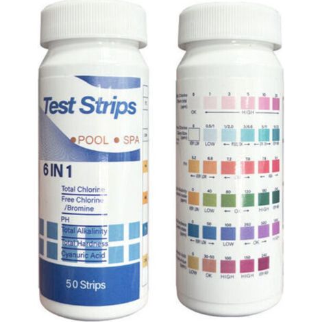 Lot de 50 Bandes de Test, 6 En 1 Bandes Spa Et Piscine, Bandes Test Eau pour Tester Chlore Libre, Le Brome, la dureté Totale, l’alcalinité Totale, l’Acide cyanurique et Le pH