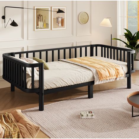 Letto da giorno in metallo 90 x 200 cm con rete in acciaio, struttura multifunzione nera OKWISH (1/5)