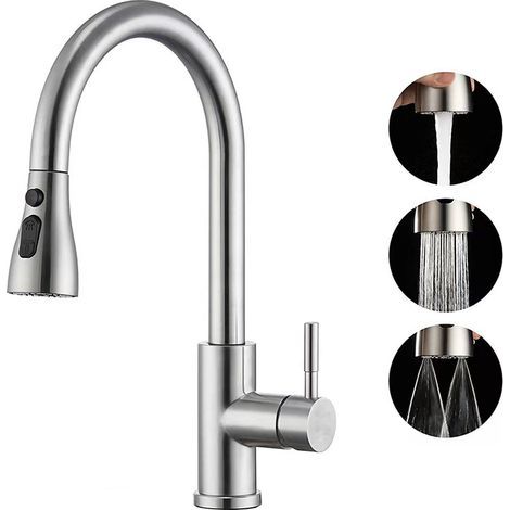 Grifo de cocina con rociador extraíble, mezclador de acero inoxidable 304, caño alto, grifo giratorio de 360° con 3 modos de ajuste, acabado cepillado, agua fría y caliente disponible. (1/5)