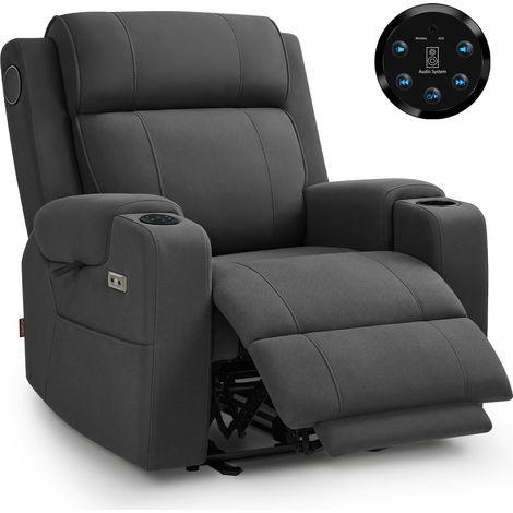 M MCombo Fernsehsessel Elektrisch Verstellbar, Relaxsessel mit Liegefunktion, Bluetooth-Lautsprechern, Verstellbare Kopfstütze, Massage & Wärmefunktion, 35D Vollschaum-Sitzkissen 7053 (Dunkelgrau) (1/5)