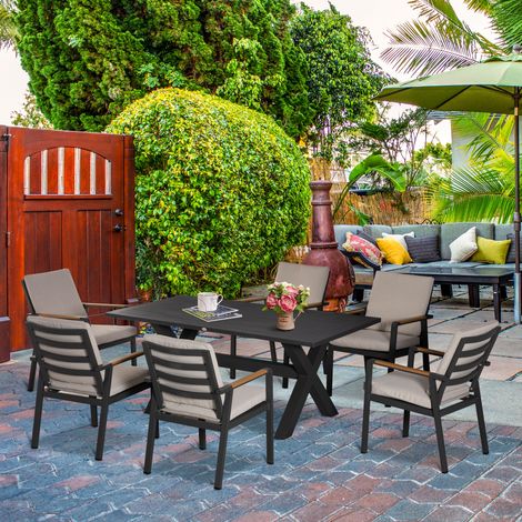 Ensemble de mobilier de jardin pour 6 personnes. 6 chaises. 1 table. Résistant aux intempéries. 175 cm x 92 cm x 73 cm. Noir et gris. (1/5)