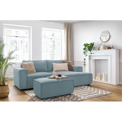 BOBOCHIC - Canapé d'angle fixe compact NIHAD velours côtelé avec pouf Angle droit Bleu clair (1/5)