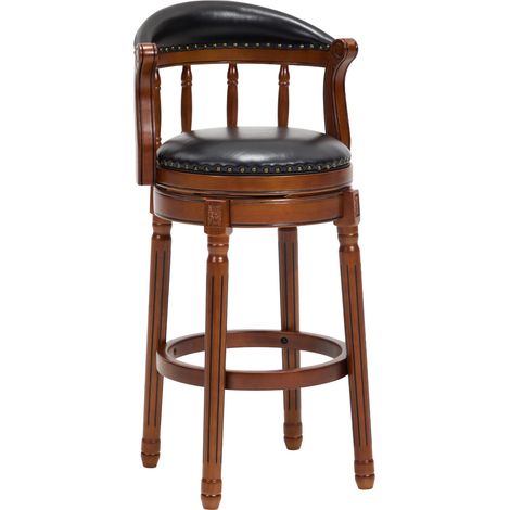 Tabouret de bar en bois avec assise en cuir bovin, pivotant à 360°, hauteur bar, dossier ivoire (1/5)