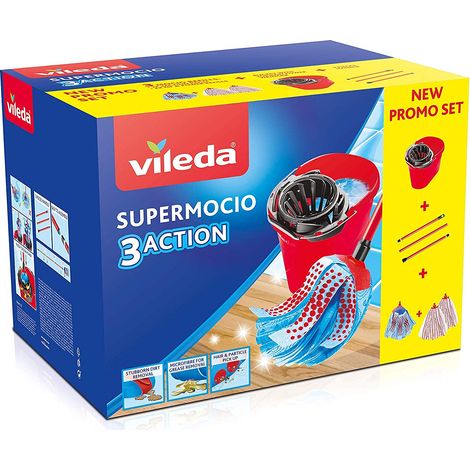 Vileda SuperMocio Box, Sistema Lavapavimenti, Set con Strizzatore, 2 Fiocchi Microfibra & Power, 1 Fiocco 3Action, Manico 3 Pezzi, ‎Rosso (1/4)