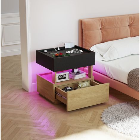 Smart-Nachttisch mit kabellosem Laden, USB und 2 Schubladen, Schwarz/Natur, OKWISH (1/5)