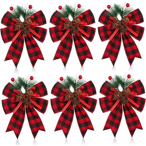 Set mit 6 Weihnachtsschleifen mit Tannenzapfen, Tannennadeln, roten Samtschleifen, Baumkranzdekoration für drinnen und draußen, Bastelarbeiten, DIY-Dekoration