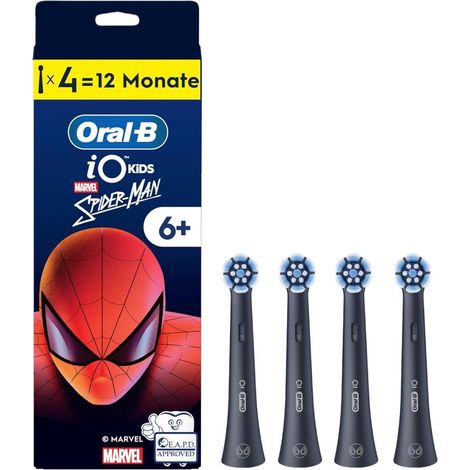 Oral-B iO Kids 6+ Marvel Spiderman Aufsteckbürsten — ORIGINAL Zahnbürstenaufsatz für Oral-B iO Kids Elektrische Zahnbürste für Kinder ab 6 Jahren, Sanft zu Zähnen & Zahnfleisch — Schwarz, 4 Stück