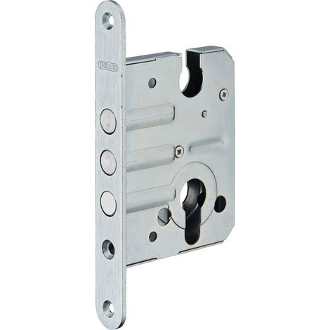 - Boitier de serrure encastrable à cylindre pour porte d'entrée, axe 50mm, bouts ronds, 3 pênes, zingué - (1/3)
