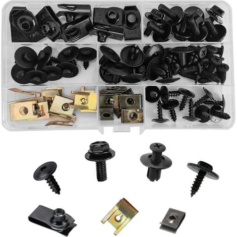 Lot de 76 pièces assorties de vis pour véhicules et automobiles U-Clips de fixation en métal avec vis autotaraudeuses à tête hexagonale, carrosserie, panneau de voiture, vis carénages, boulons de