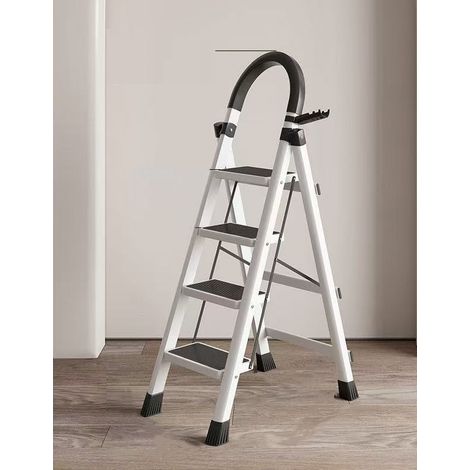 Échelle, en Acier au Carbone, Escabeau, Pliable, Plateau à Outil, Pieds Antidérapants, Capacité de Charge 150 kg, 4 Marches, Blanc (1/5)