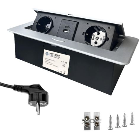 Evotrade – Multiprise encastrable rétractable 2 prises Schuko + 2 USB – Câble 1,5m – Aluminium pour bureaux et salles de réunion