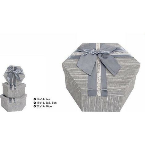 TrAdE Shop Traesio - Set 3 Pz Scatole Box Per Regali Varie Misure Esagonali Grigia Con Fiocco 69354 -