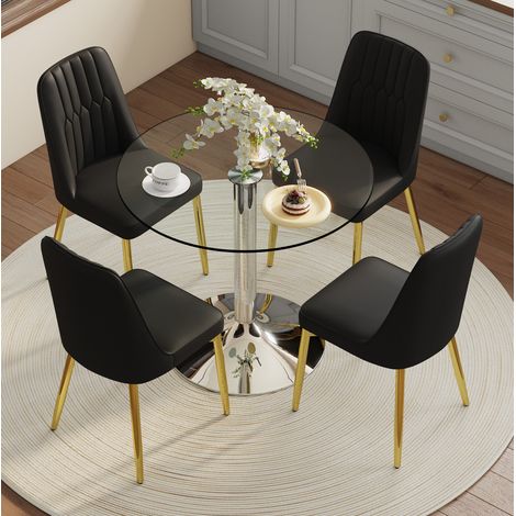 Ensemble table à manger ronde en verre 85 cm et 4 chaises PU noires, piètement doré (1/5)