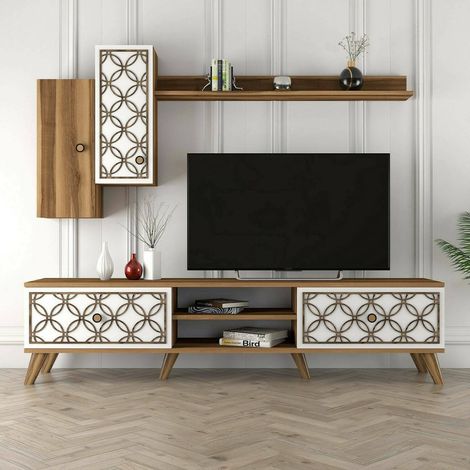 Dmora - Mueble de televisión Dpinzaut, Aparador de salón, Mueble bajo para TV, Base de pared equipada, 180x35h44 cm, Nogal y Blanco (1/5)