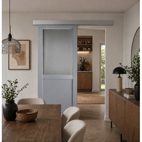 Puerta corredera Athena gris claro con cristal H204 x L83 cm, riel de aluminio GD MENUISERIES