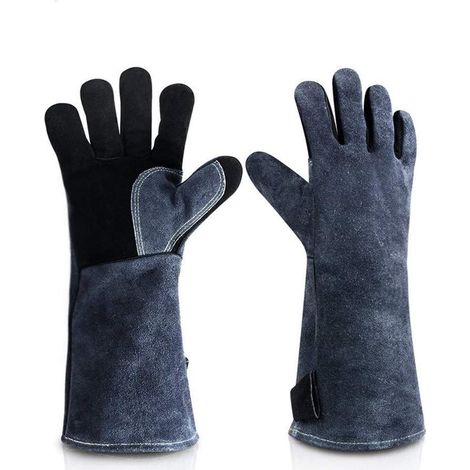 1 paio di guanti resistenti al calore per barbecue, stufa a legna, camino, forno, saldatura, griglia, alte temperature, guanti lunghi in pelle (1/5)