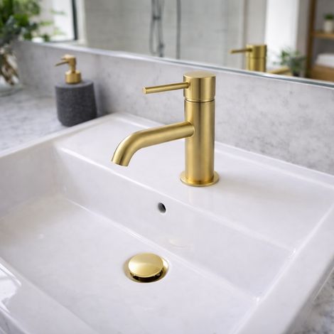 Robinet mitigeur lavabo or brossé – Finition laiton – Consommation 10,2 L/min – Flexibles d'alimentation inclus – Bonde pour vasques avec trop-plein – Pico