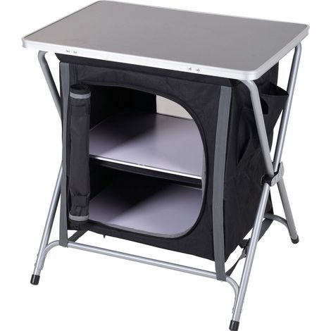 Spetebo – Armoire et table de camping 2 en 1 – Pliable 64 x 60 cm – Aluminium/MDF/polyester – Sac de transport inclus – 2 étagères