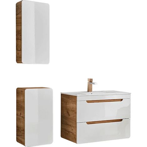 Mobile per bagno sospeso con lavabo da incasso e due colonne 80 cm Naturale e Bianco - ARUBA (1/5)
