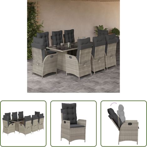 Gartentisch - 9-tlg. Garten-Essgruppe mit Kissen Hellgrau Poly Rattan (1/5)