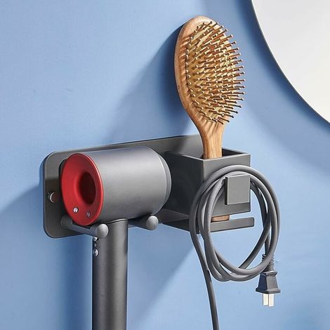 Porte Seche Cheveux Mural Adhesif, Support Seche Cheveux en Aluminium avec Rangement et Range-Câbles, Porte Sèche Cheveux sans Percage pour Salle de Bains Salon de Coiffure, Gris (1/5)