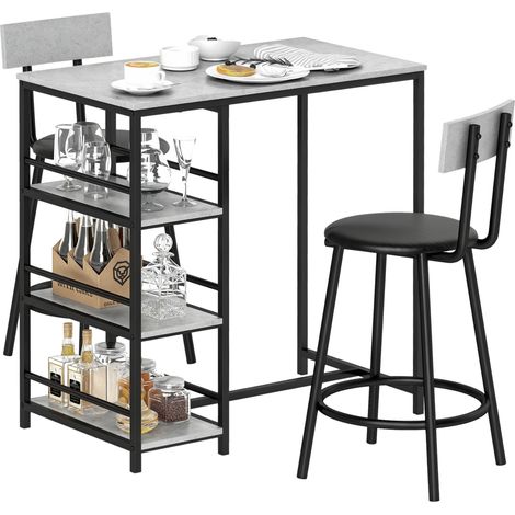 Set da bar con 2 sgabelli e ripiani portaoggetti per sala da pranzo, cucina, grigio e nero