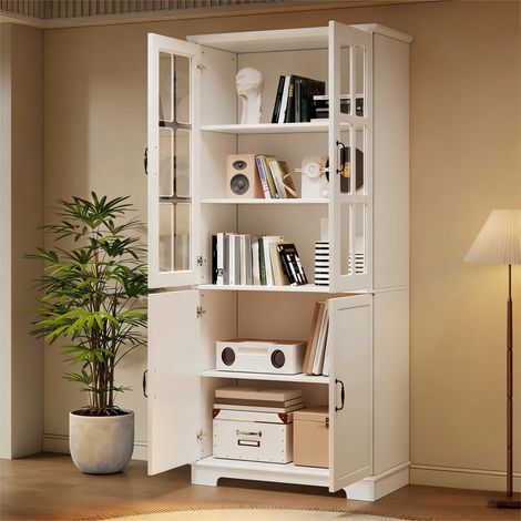 Armoire haute blanche avec 2 portes à grille vitrée et 2 portes pleines, 80 x 38 x 180 cm, bibliothèque à 5 niveaux, panneau de particules, meuble vitrine style maison de campagne pour salon et cuisin (1/5)