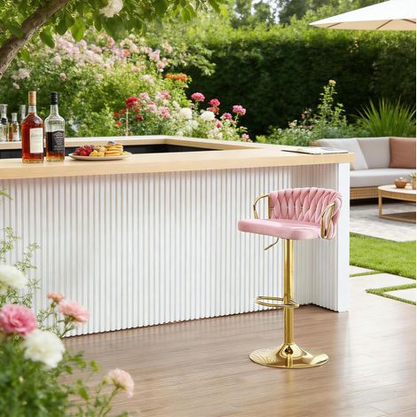 Taburete de bar giratorio y regulable en altura, terciopelo rosa, HAVRYA (1/5)