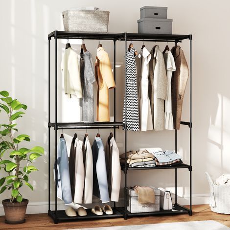 Armoire dressing roulante, 3 tringles à vêtements et 4 tablettes, 142 x 43 x 185 cm, teinte noire (1/5)