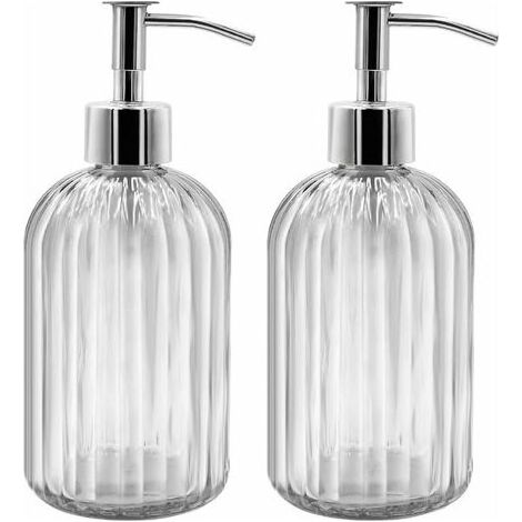 Lot de 2 distributeurs de savon en verre 400 ml – Rechargeables avec pompe – Design transparent antidérapant pour cuisine et salle de bain