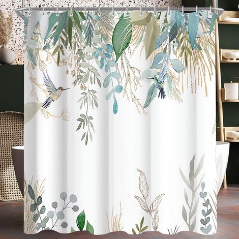 CCYKXA Duschvorhang, 150 x 180 cm, blaue und goldene Blätter, beschwerter Saum, schimmelhemmend, wasserdicht, waschbar, Polyester (1/5)