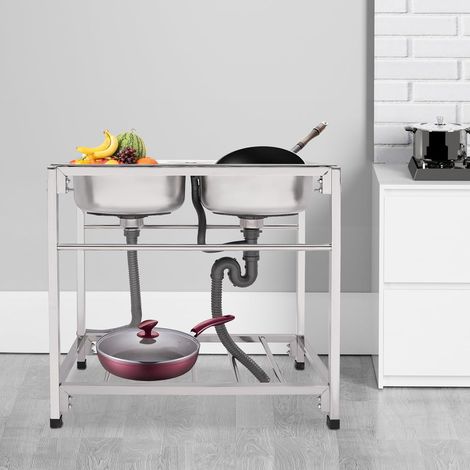 Évier pratique extérieur évier à double bol en acier inoxydable Évier de cuisine de restaurant commercial autonome avec robinet chaud et froid pour buanderie, garage, café bar (1/5)