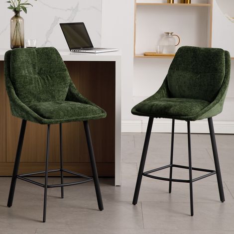 Wahson Lot de 2 tabourets de bar avec coussins en chenille – Pieds en métal robustes – Hauteur 100cm – Pour cuisine et îlot central, Vert