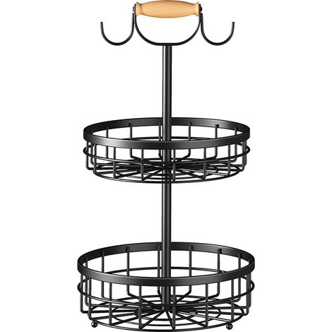 Corbeille à fruits et légumes à 2 niveaux avec 2 supports pour bananiers et poignée en bois, panier métallique pour comptoir de cuisine, pour pain, oignons, pommes de terre (noir, 2 niveaux) (1/4)