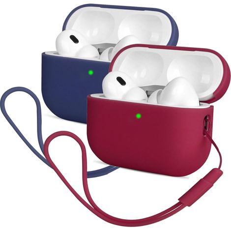 2x Coque en Silicone, Compatible Airpods Pro 2, Ultra-mince, LED Visible, Cordon Inclus, Vin Rouge et Bleu Foncé (1/5)