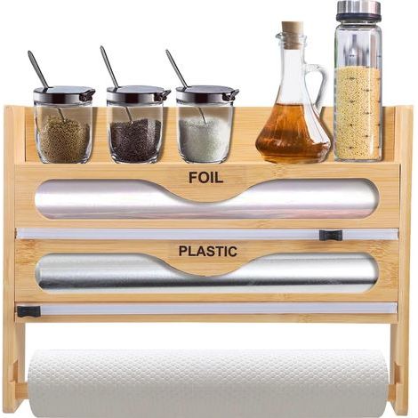 Distributeur Papier Aluminium et Film, Coupe-Papier Essuie-Tout, Porte-Rouleau Mural Organisateur de Film pour 3 Rouleaux, Dérouleur Film Alimentaire avec Porte Essuie Tout et Étagère à Épices, 4 en 1 (1/5)