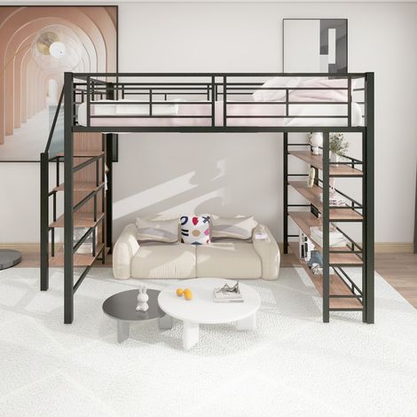 Letti a soppalco 140x200 cm, letti per bambini/ragazzi con ripiani portaoggetti e piccolo armadio, letti singolo, senza materasso, nero (1/5)