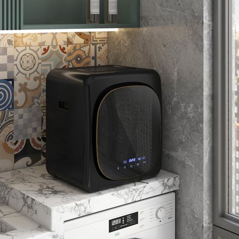 Mini-sèche-linge mural 4kg 6 programmes écran tactile LED jusqu’à 60°C,800W protection surchauffe indépendant noir.