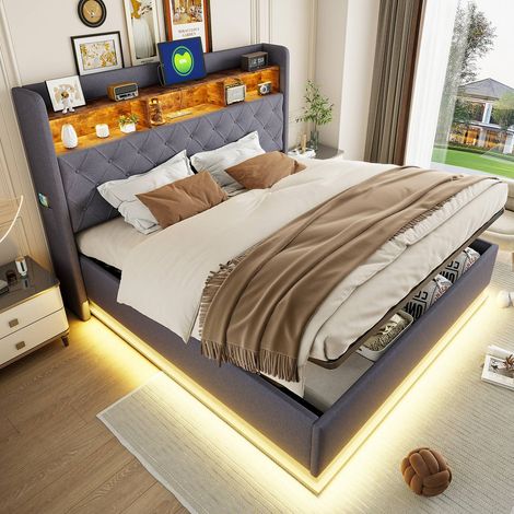 Lit led rembourré 180x200 cm en tissu lin, avec rangement hydraulique, usb et tête de lit, gris (1/5)