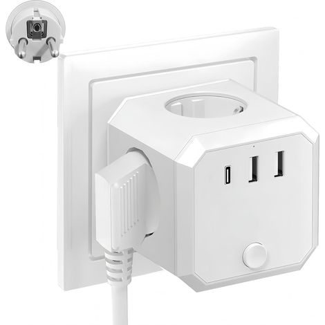 Multiprise Cube Murale 7 en 1, 4 Prises AC (4000W/16A) et 3 Ports USB (1 USB-C + 2 USB-A), Adaptateur de Prise sans Câble Idéal pour Bureau, Cuisine et Voyage -Blanc (1/5)