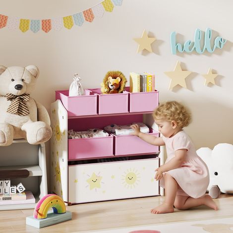 Mueble móvil de almacenamiento de juguetes de 3 niveles con 6 cestas, color rosa.