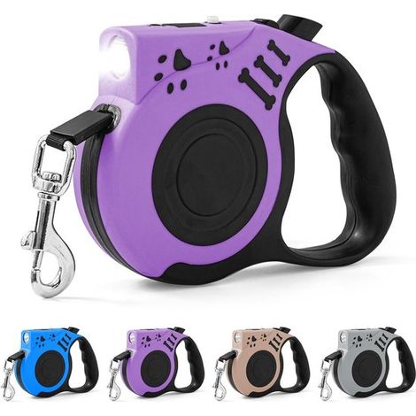 Correa extensible para perros de 5 m (16 pies), Con linterna recargable para paseos nocturnos, Telescópica automática, Morada, 1 unidad (1/5)