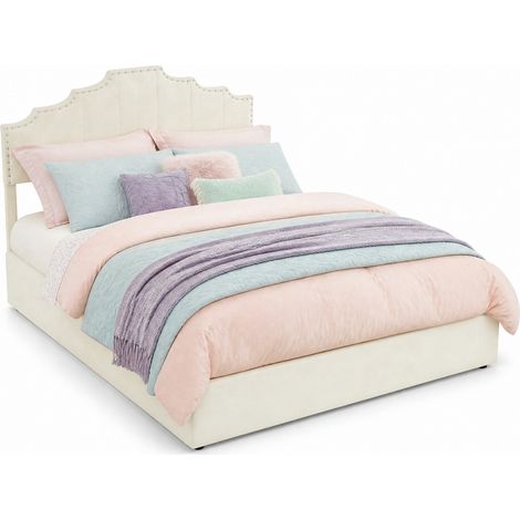 Lit coffre 140x200 cm beige avec tête de lit capitonnée à motifs géométriques, revêtement tissu, structure métal, style élégant - CHICFURN (1/5)