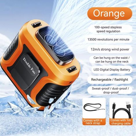 Tragbarer Clip-Ventilator mit Hüftclip, doppelter Belüftung, starkem Luftstrom, intelligentem Digitaldisplay, wiederaufladbar, orange (1/5)