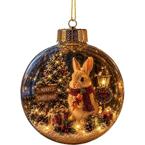 Boule à neige lumineuse 3D en acrylique transparent, décoration de Noël à suspendre au sapin avec un adorable lapin, idéale pour les fêtes de famille. (1/5)