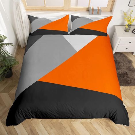 Duvet Cover 220 x 240 cm Orange and Grey, Geometric Triangle Patchwork Bedding Set, Orange Black Light Grey Bedding for Kids Adults, Modern Abstract Geometric Bedding (1/5)