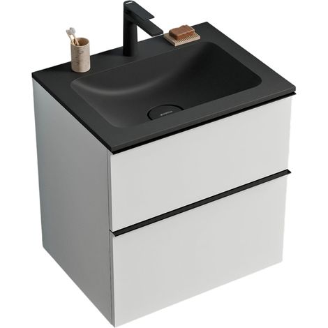 Unterschrank Bernstein LAVOA 60 cm mit Mineralguss Waschbecken CREAM - Badmöbelfarbe Weiß matt, Griff Chrom, Waschbecken Schwarz matt mit Hahnloch